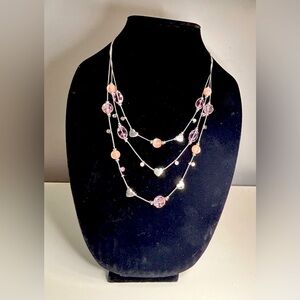 Silver three chain dainty necklace with pink stones and silver hearts​​​…​​